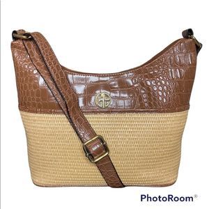 Giani Bernini Hobo Crossbody Straw Crocodile Hobo Bag Brown Cream Beige NEW